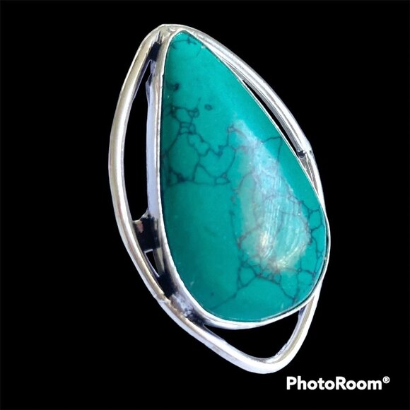 Silver Boho Faux Turquoise Cocktail Ring Size 8 Aqua Blue Stone Simulated Plated - Picture 2 of 9